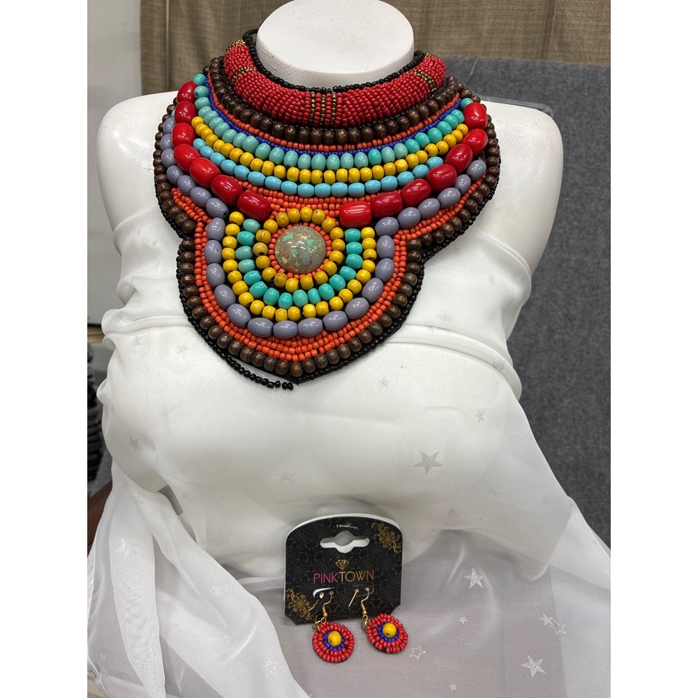 Pinktown Beaded Bib Necklace Earring Set Tribal Boho Statement Jewelry Multi